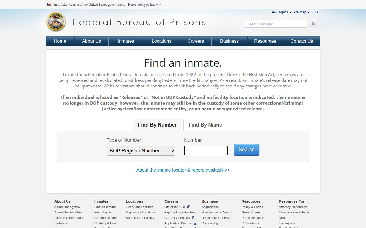 Federal locator for a Humboldt County released inmate transferred to BOP custody